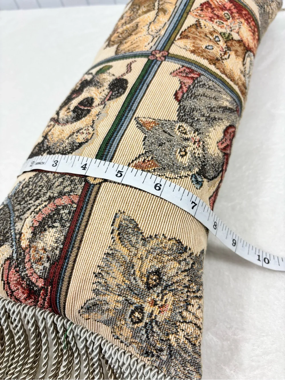 Vintage Tapestry  Kitten Bolster Pillow with Tassels